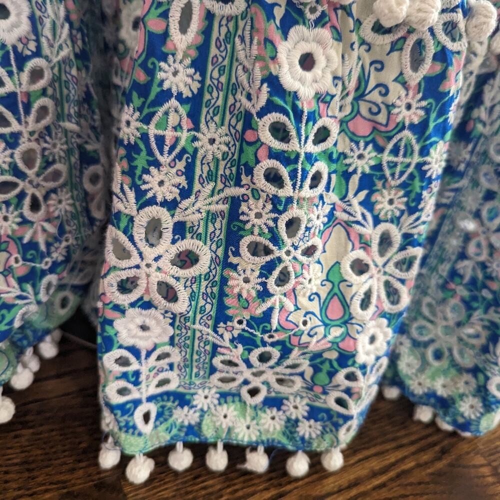 Womens Zara Printed Blue Patterned Maxi Dress Large Smocked Lace Bohemian - Picture 7 of 7